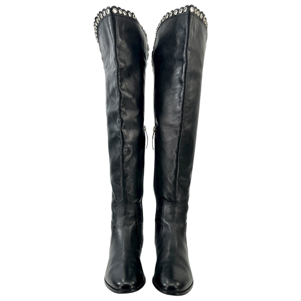 LK Bennett Black Leather Grommet Detail Over the Knee Flat Tall Riding Boots - Picture 6 of 14